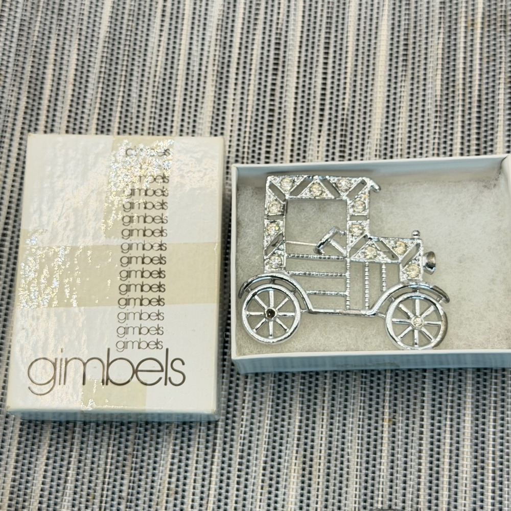 Vintage Emmons Model T Car Brooch Silver Tone Rhinestone Antique Auto Box‎